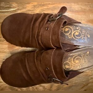 Dansko Brown Suede Buckle Leather Clogs Slip On with Studded Detail